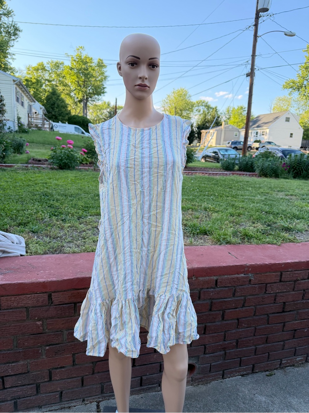 Casual Sleeveless Ruffle-Hem Stripe Dress - Pastel Multi